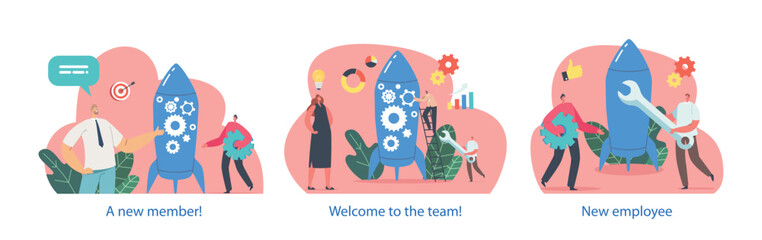 Wall Mural - Isolated Elements with Rocket and Business Characters Meet New Team Member. Fresh Addition To The Team