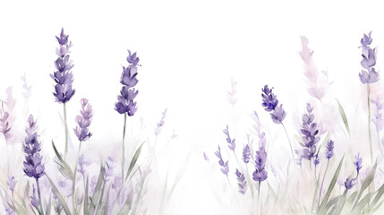 Border of tender watercolor lavender flowers border on transparent background, AI generated