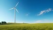 Wind turbine majestically standing in the green fields under a clear blue sky, exemplifying the harnessing of renewable energy resources in harmony with the natural environment. Generative AI