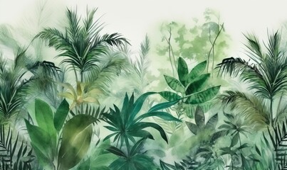   a painting of a tropical forest with lots of green plants and trees in the foreground and a white wall in the background with a white border.  generative ai