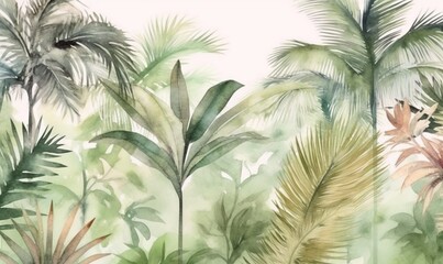   a watercolor painting of a tropical scene with palm trees and other tropical plants in the foreground and a white background with a blue border.  generative ai