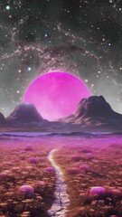 Wall Mural - A animated landscape with a path through a field of flowers leading to a pink sunrise over a mountain range and cosmic backdrop. Created using some elements made with generative AI.