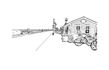 Building view with landmark of Provincetown is the town in Massachusetts. Hand drawn sketch illustration in vector.