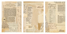 Set / Collection Of Paper Collage Backgrounds Made Of Antique Documents With Handwriting And Book Pages, Neutral Colors, Ideal For ATC, Mail Art, Journal Cards Or Postcards, Isolated PNG