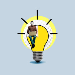 Wall Mural - A man with a laptop sits on a light bulb a metaphor for intellectual work. Concept.