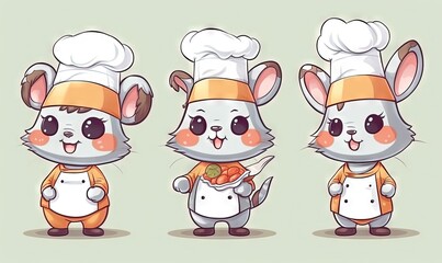 Wall Mural -  a set of three cartoon rabbits in chef hats and aprons, one holding a carrot and the other holding a knife and a piece of meat.  generative ai