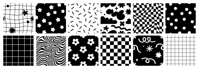Wall Mural - Cute cartoon flower and vase seamless pattern set. Daisy floral organic form and other elements in trendy playful cartoon style. Vector chessboard and abstract background.