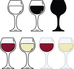 Wall Mural - Wine Glass with White and Red Wine Clipart - Outline, Silhouette & Color