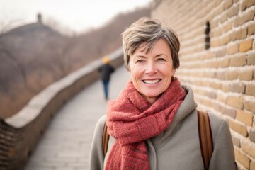 Wall Mural - Portrait of a smiling senior woman on the Great Wall of China