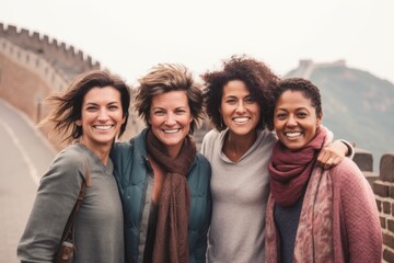 Wall Mural - Portrait of group of smiling women walking on the Great Wall of China