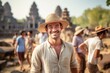 Medium shot portrait photography of a cheerful man in his 30s that is smiling with friends at the Angkor Wat in Siem Reap Cambodia . Generative AI