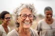 © Leon Waltz - Lifestyle portrait photography of a tender woman in her 50s that is smiling with friends at the Galápagos Islands Ecuador . Generative AI