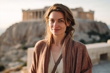 Wall Mural - Portrait of a beautiful young woman on the background of the Acropolis in Athens, Greece