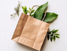 Paper Bag With Green Plants, Recycle Concept, Mock-up