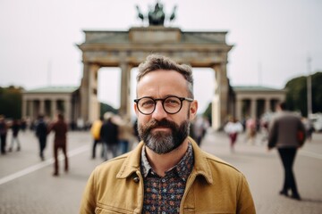 Wall Mural - Handsome bearded man with glasses standing in front of Brandenburg Gate in Berlin, Germany