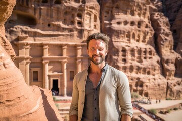 Wall Mural - Handsome man in front of the Treasury in Petra, Jordan