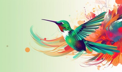 Sticker -  a colorful hummingbird flying with its wings spread out and a flower in the foreground of the image is a splash of paint on a green background.  generative ai