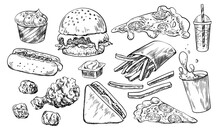 Set Of Fast Food. Hand Drawn Hamburger, French Fries, Hot Dog, Coffee, Soda, Sauce, Pizza, Nuggets, Sandwich, Burger, Ice Cream. Sketch Style Collection Of Street Food Isolated In White Background