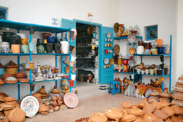 Close up view of ceramic objects, classic Moroccan crafts in Tetouan