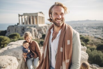 Wall Mural - Happy family in front of the greek temple of Hephaestus