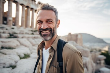 Wall Mural - Cheerful mature man is standing on the top of the Acropolis in Athens, Greece.