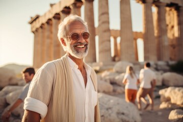 Wall Mural - Cheerful senior man in sunglasses is smiling and looking at the camera while standing near the ancient temple of Poseidon in Athens, Greece