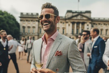 Wall Mural - stylish man in sunglasses holding glass of champagne and smiling at camera