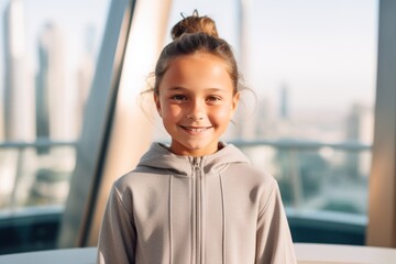 Group portrait photography of a grinning child female that is wearing a comfortable tracksuit at the Burj Khalifa in Dubai UAE . Generative AI