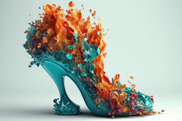 Splattering paint adorns the high-heeled shoes, creating a bold and artistic fashion statement that exudes glamour and creativity. Generative Ai, Ai.