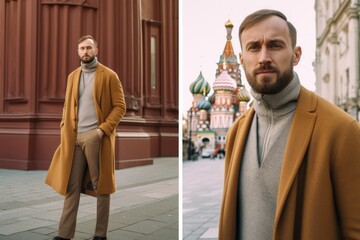 Wall Mural - collage of bearded man in coat looking at camera on red square in Moscow