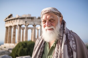 Wall Mural - Portrait of happy senior man visiting ancient Greek temple of Parthenon in Athens, Greece