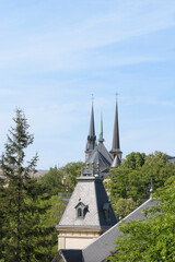 Wall Mural - Main cathedral of Luxembourg, fragmented. spiers of towers and adjacent buildings against the backdrop of a bright spring sky and fresh foliage of trees. Vertical