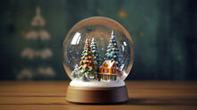 Snow Globe Cottage Cabin Christmas Landscape Xmas Tree. Generative Ai