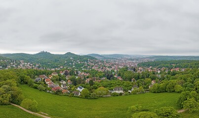 Wall Mural - Drone panorama of thuringian city Eisenach with Wartburg castle during daytime