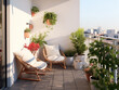 Cozy, minimalistic, modern balcony ideas. Comfortable seatings with plants.