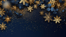 Winter Background, Gold And Navy Snowflakes. Generative Ai