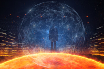 Wall Mural - Man silhouette in futuristic cyberspace city with sphere background.