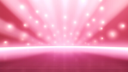 empty pink stage or podium for product presentation, gold yellow background with shiny glow beams li