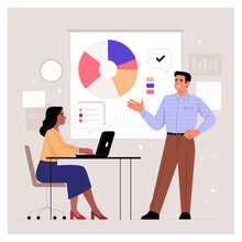 Business Presentation. Vector Cartoon Illustration In A Flat Style Of A Young Woman Sitting At A Table With A Laptop, In Front Of Which A Man Stands Against The Background Of A Board With Graphs.
