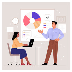 Fototapete - Business Presentation. Vector cartoon illustration in a flat style of a young woman sitting at a table with a laptop, in front of which a man stands against the background of a board with graphs.