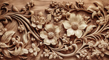 Natural Wood Plank Carving, Floral Design With Carved Branches, Leaves, And Flowers. Abstract Illustration Created With Generative AI Technology.