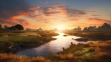 Fototapeta Natura - a river on the horizon with a sunrise behind it Generative Ai