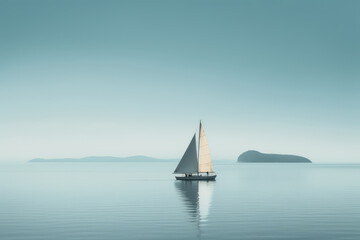  Minimalist photography of a sailboat, Japanese minimalism. A sailing boat at sunset sails on the blue water against a blue sky. Generative AI professional photo imitation.
