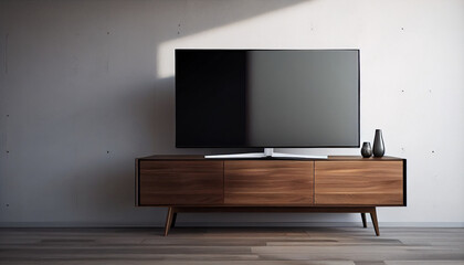 Wall Mural - Television put on tv stand wood table, in minimal empty spave room background white wall Ai generated image