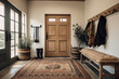 © Kateryna - Rustic entryway with a wooden bench, coat hooks, and a vintage rug, Rustic style interior, Interior Design Generative AI