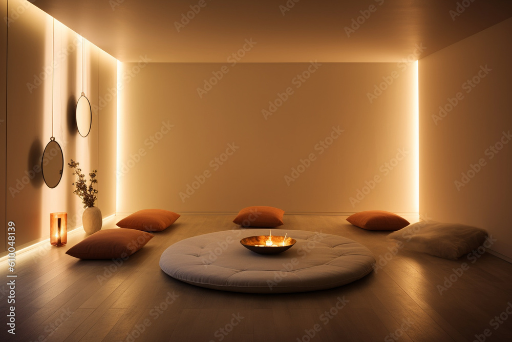 Meditation room with minimalist decor, soft lighting, and comfortable ...