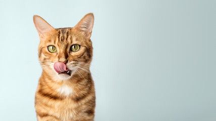 Wall Mural - Licking Bengal shorthair cat close-up on the background.