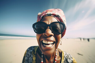 Generative AI illustration of Happy African senior black woman having fun smiling into the camera on the beach