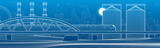 Fototapeta Abstrakcje - Train rides on the bridge. Three industrial pipes. Granary. City industry and transport illustration. Urban scene. White lines on blue background. Vector design art