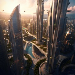 Wall Mural - futuristic high-tech city with advanced infrastructure, science fiction cityscape, fictional landsca